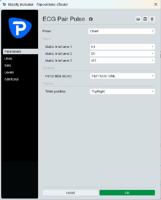 Customer controls available for ECG Pair Pulse on cTrader